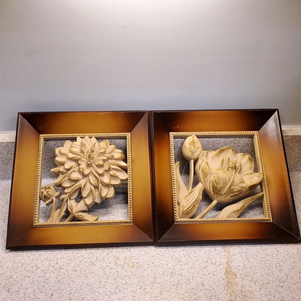 2 VTG MCM Syroco Framed Floral Wall Art 3D Large Blossom Relief